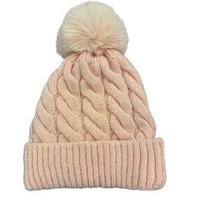 Light Pink Cable Knit Beanie with Furry Pom Pom